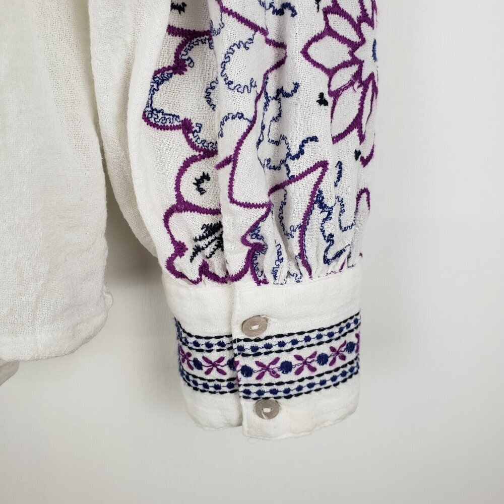 FatFace Embroidered Boho Peasant Top White Purple Floral Long Sleeve Womens 14 - Picture 7 of 10